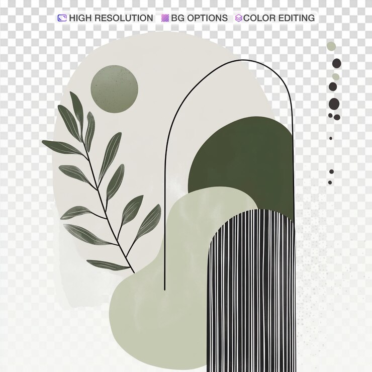 PSD minimalistische japandi-kunst mit geometrischen blättern und bögen