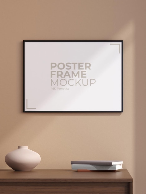 Minimalistische landschaft, schwarzes poster oder fotorahmen in modernem wohnzimmerwand-innendesign mit vase und schatten-3d-rendering