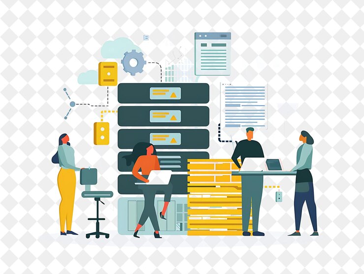 PSD minimalistischer datenbankadministrator mit zeichen verwalten eines png-menschen in der täglichen arbeit illustration