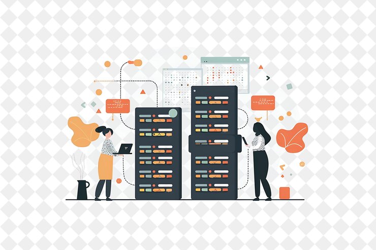 PSD minimalistischer datenbankadministrator mit zeichen verwalten eines png-menschen in der täglichen arbeit illustration
