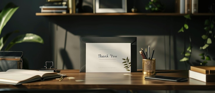 PSD minimalistischer home-office-schreibtisch mit dankekarte und goldenem bleistifthalter
