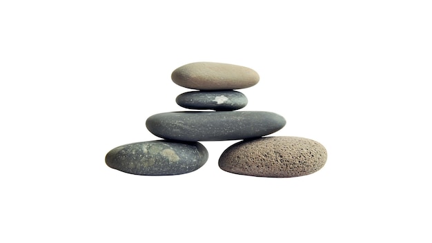Minimalistisches digitales Kunstwerk aus fünf glatten Steinen, die in einer Pyramidenformation gestapelt sind