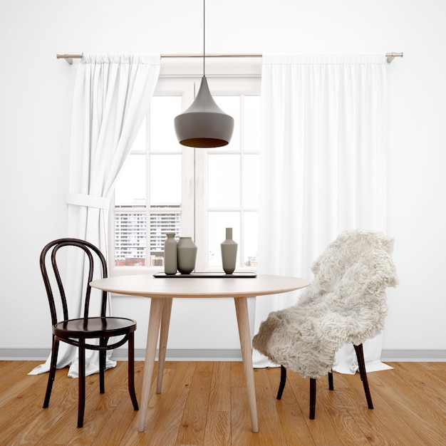 Minimalistisches Esszimmer mit Tisch zum Fenster
