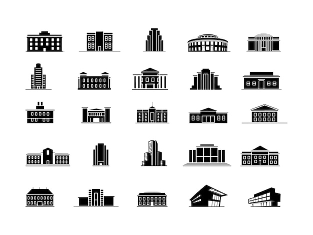 Minimalistisches Gebäude Moderne und klassische Architektur Ikonen-Set