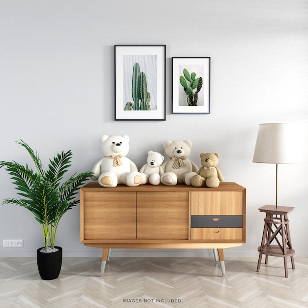 Minimalistisches Interieur des Wohnzimmers mit Sideboard-Wandmodell