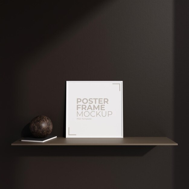 Minimalistisches quadratisches weißes Poster oder Fotorahmen in der modernen Wohnzimmerwand-Innenarchitektur mit Dekoration und Schatten-3D-Rendering