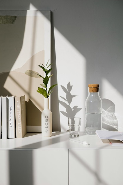 Minimalistisches Stillleben mit Pflanzen, Büchern und Sonnenlicht