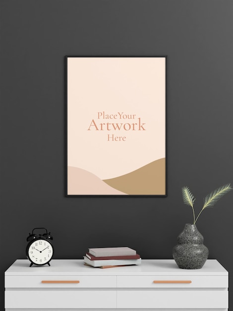 Minimalistisches vertikales schwarzes poster oder fotorahmen-mockup an der wand mit buch und dekoration