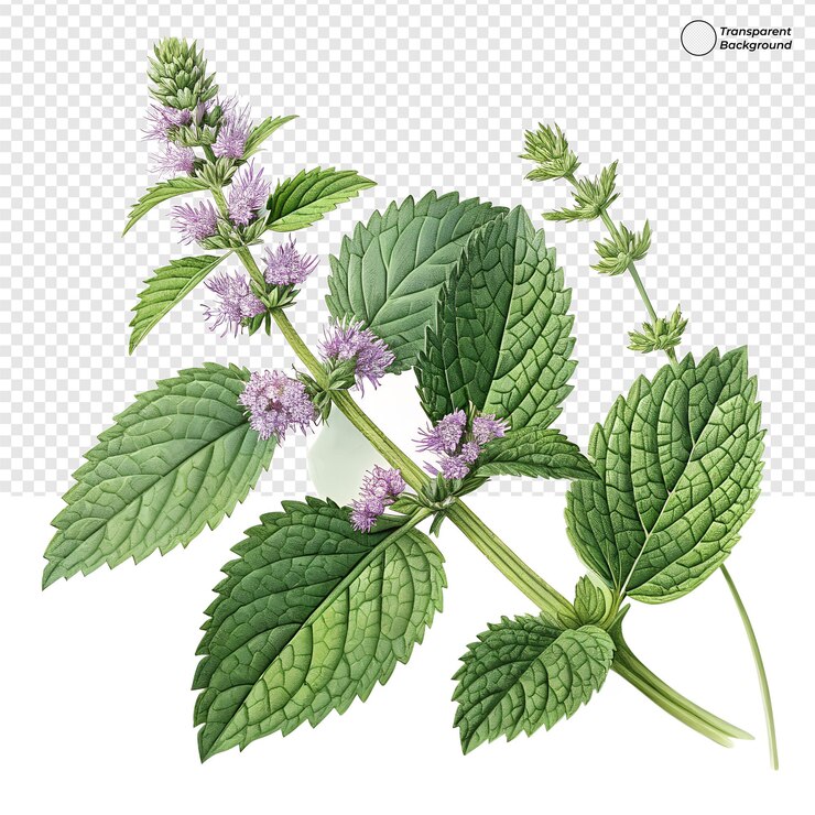 PSD mint plant with purple flowers and green leaves realistic botanical illustration