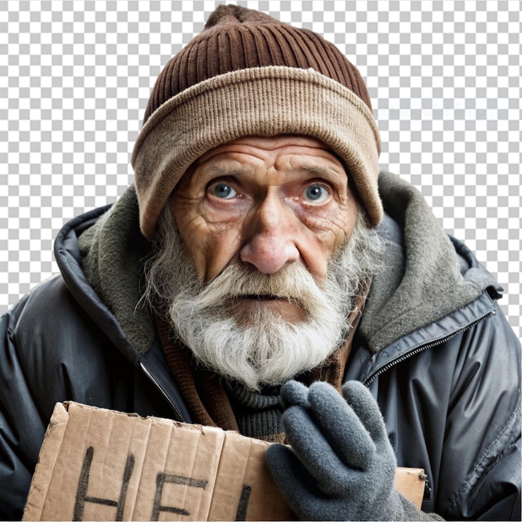 PSD una mirada sincera a la vida de un anciano sin hogar en un fondo transparente