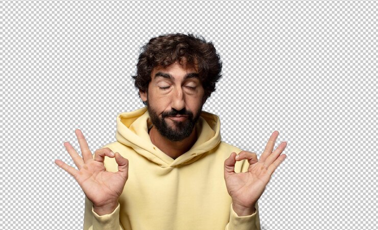 PSD mirando concentrado y meditando sintiéndose satisfecho y relajado pensando o haciendo una elección