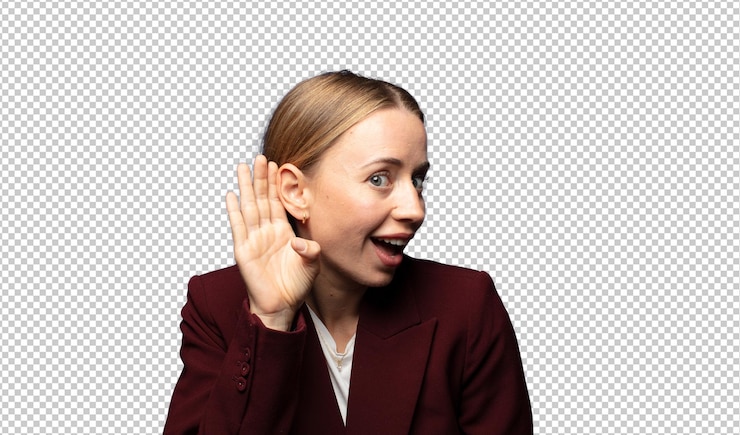 PSD mirando feliz escuchando tratando de escuchar una conversación secreta o chismes escuchando a escondidas