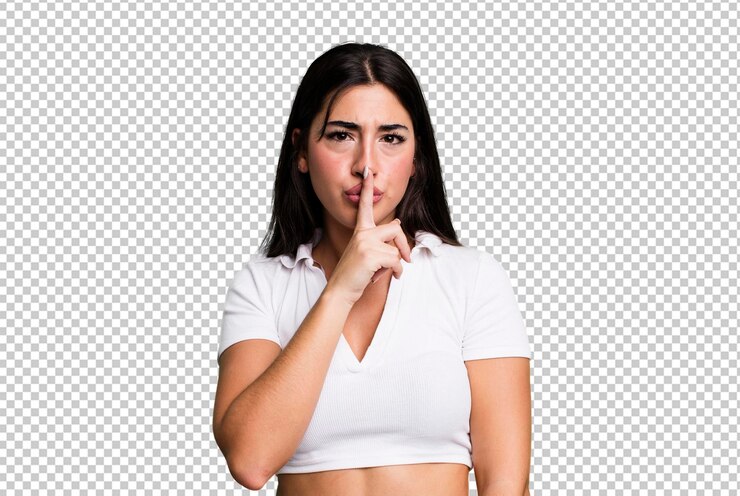 PSD mirando serio y cruzado con el dedo presionado a los labios exigiendo silencio o silencio manteniendo un secreto