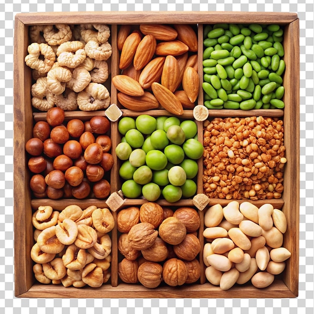 Miscela di noci in scatola di legno noci mandorle nocciole isolate su sfondo trasparente