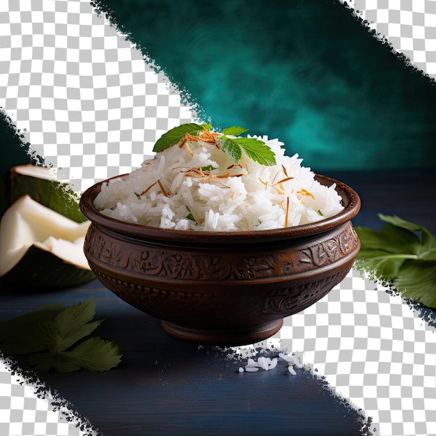 PSD la mise au point sélective met en valeur le riz à la noix de coco dans un bol en céramique, un plat apprécié dans le sud de l'inde