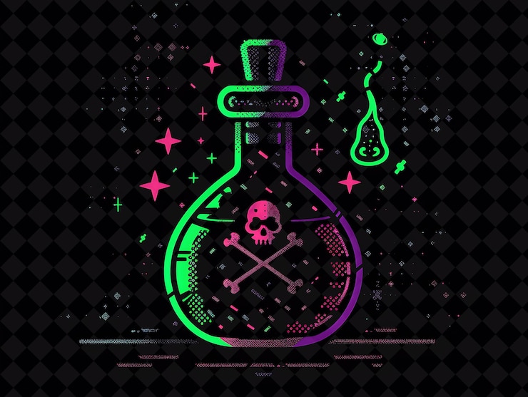 PSD misteriosa bottiglia di pozione 16 bit pixel con teschi e croce y2k shape neon color art collections