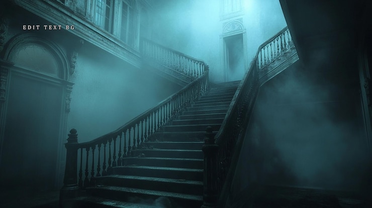PSD misteriosa escalera de madera antigua con niebla en el interior de una casa embrujada