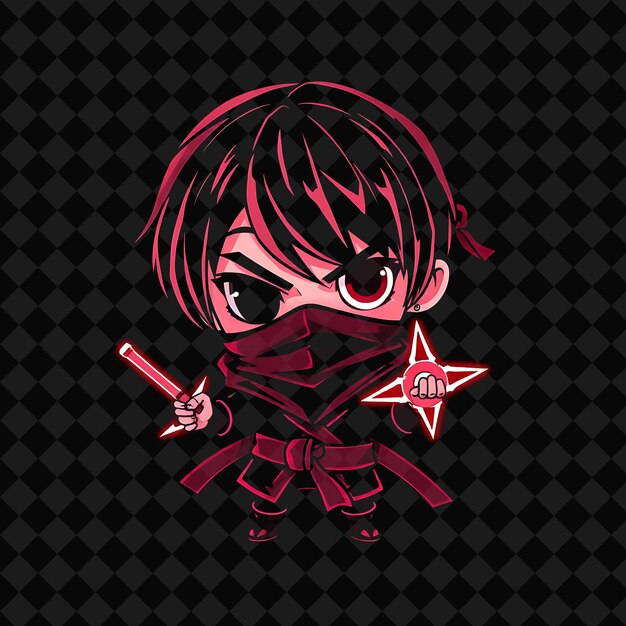 El misterioso chico Chibi con un largo pico que cubre un ojo Ninja Garb brillante Shuriken Neon Crimson C