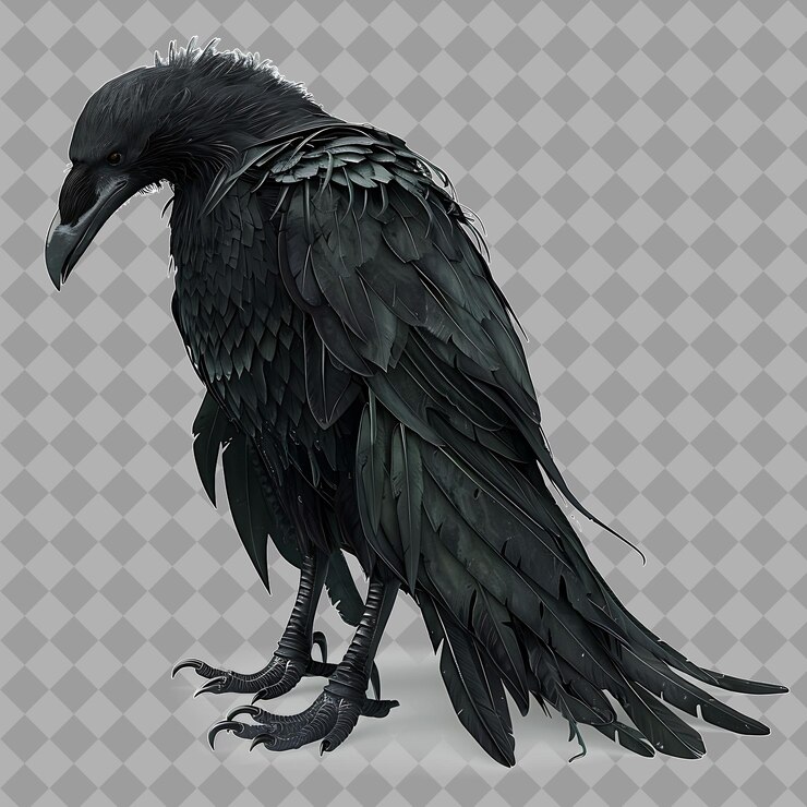 PSD el misterioso cuervo es un presagio oscuro con forma de cuervo, plumas negras y personajes aislados en 3d.