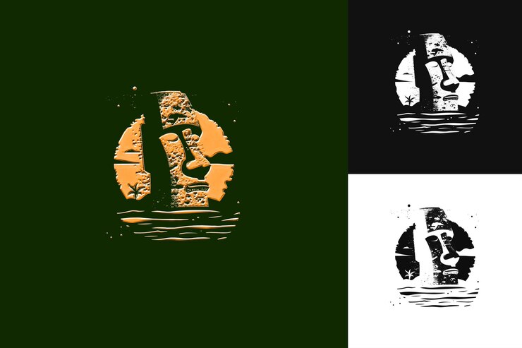 PSD misterioso logotipo de moai de la isla de pascua con tallas intrincadas una colección de diseño vectorial abstracto