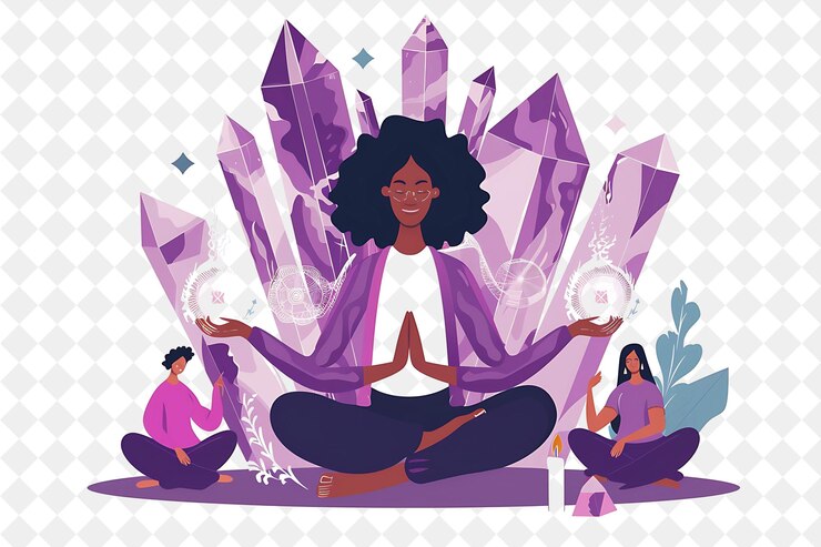 PSD místico curandero de reiki con personajes practicando y enseñando a la gente de png en la ilustración de trabajo diario