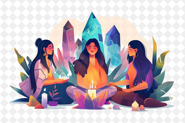 PSD místico curandero de reiki con personajes practicando y enseñando a la gente de png en la ilustración de trabajo diario