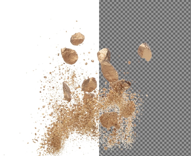 Mistura de minério de ouro explosão de areia da mineração explosão de pó de grãos de minério dourado com areia pedra cascalho na indústria de mineração fundo branco lançamento isolado congelamento stop motion