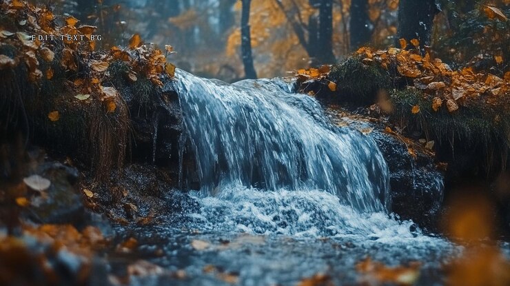 PSD misty autumn forest waterfall cascading over mossy rocks with fallen leaves