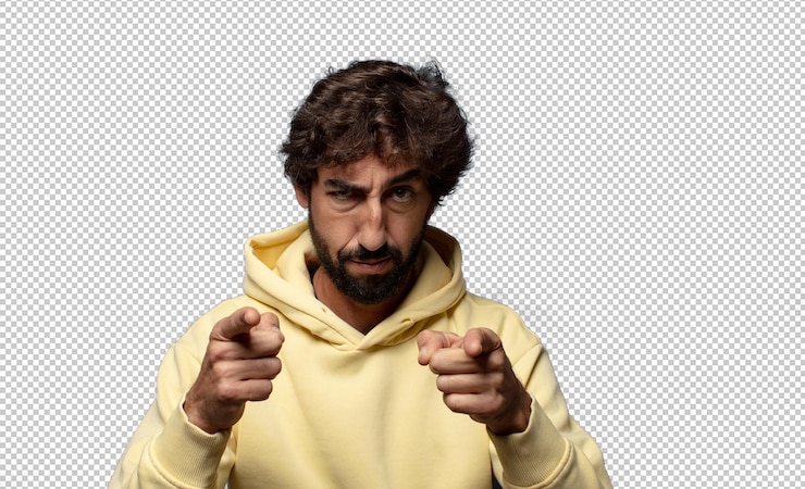 PSD mit beiden fingern und einem wütenden gesichtsausdruck auf die kamera zeigt und ihnen sagt, sie sollen ihre pflicht erfüllen