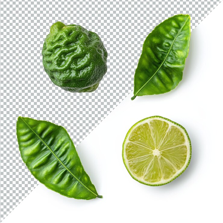 PSD la mitad de la lima de bergamota con hojas verdes dispuestas en una superficie transparente la mitad de la bergamota o la lima tailandesa con hojas aisladas en un fondo transparente