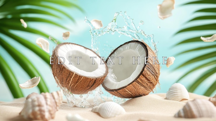 PSD mitades de coco frescas salpicando en el agua en la playa de arena con conchas y hojas de palma