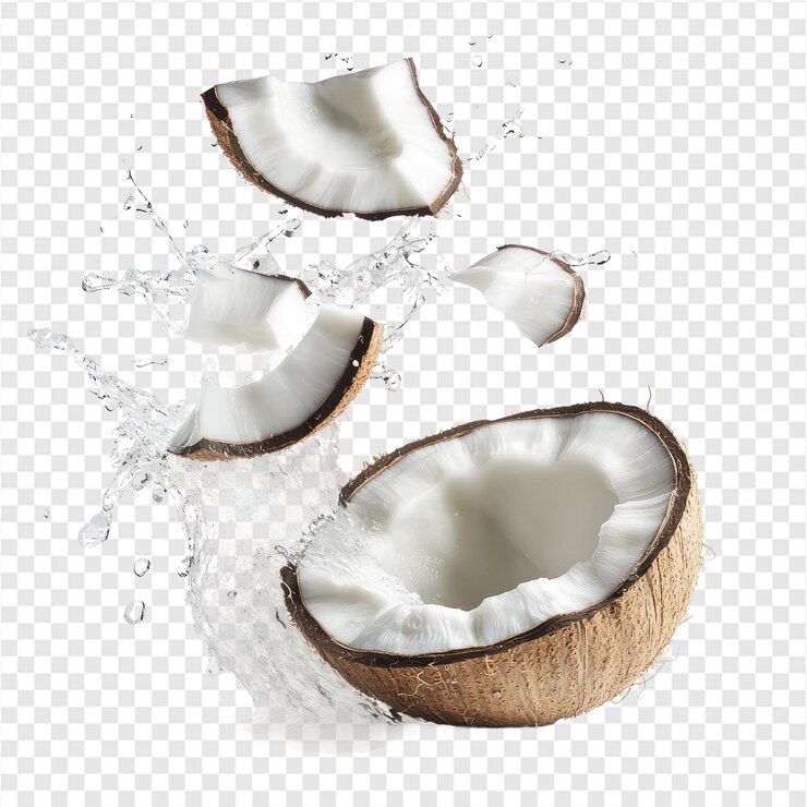 PSD las mitades de coco salpican en el agua.
