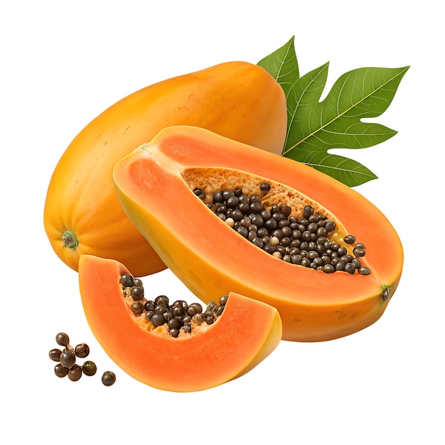 Mitades y rodajas de papaya madura sobre fondo transparente