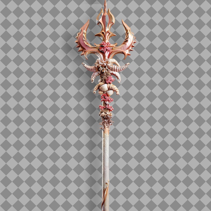 PSD el mítico tridente del dios del mar hecho de coral y adornado con activos de juego png en un fondo limpio