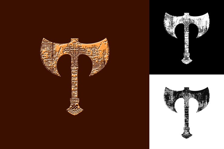 PSD mittelalterliches axt-logo mit klinge- und griffdekorationen mit einem g abstrakte vektordesign-kollektionen
