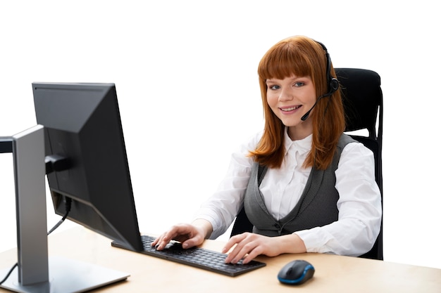 Mittelgroße Aufnahme einer Frau, die im Callcenter arbeitet