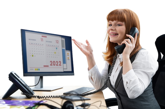 Mittelgroße Aufnahme einer Frau, die im Callcenter arbeitet