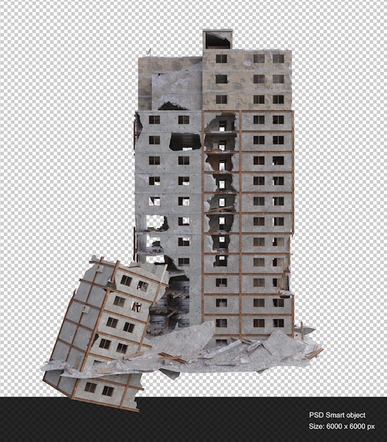 Mittelgroßes Gebäude nach dem Krieg beschädigt 3D-Rendering isoliert