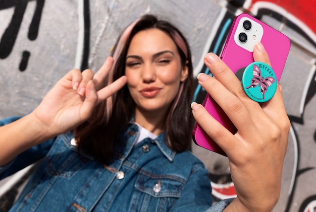 PSD mittlere schussfrau, die popsocket auf ihrem telefon verwendet