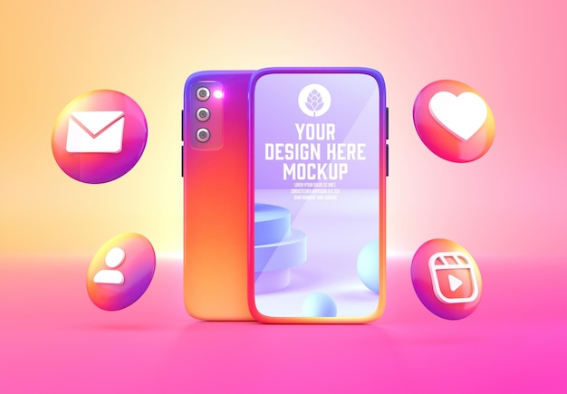 Mobile mit Social-Media-Icons Mockup 3D-Rendering