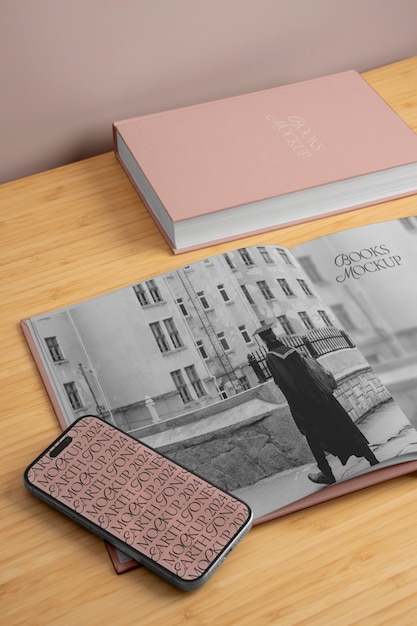 PSD mobile phone and book mockup