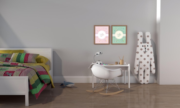 PSD mobiliario para niños con juguete y maqueta de marco.