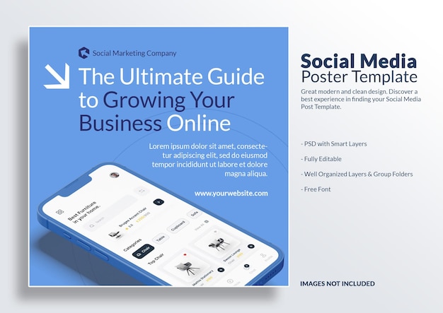 Mobiltelefon-App-Bildschirm-Mockup und digitales Marketing Social Media Poster PSD-Vorlage