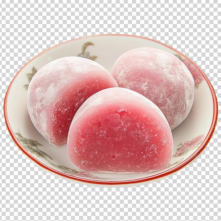 PSD mochi rosado con fresa aislada sobre fondo blanco