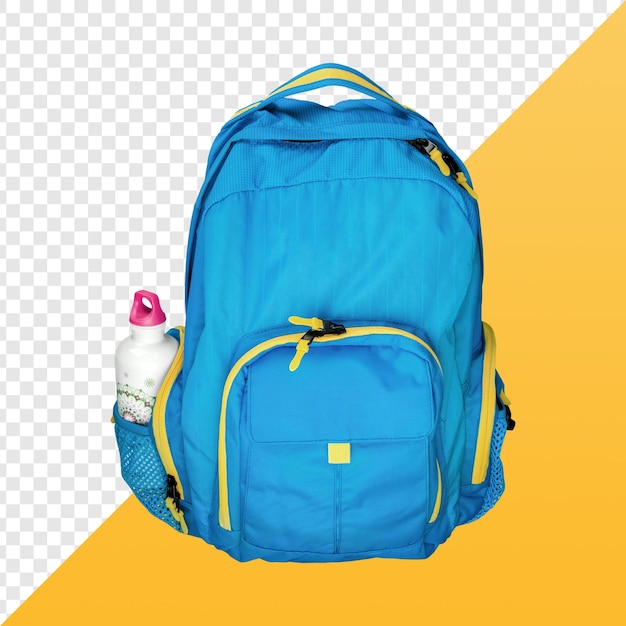mochila azul com garrafa de água