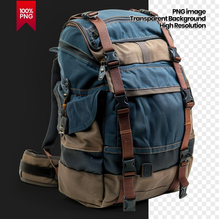 PSD una mochila azul y marrón con múltiples correas y hebillas