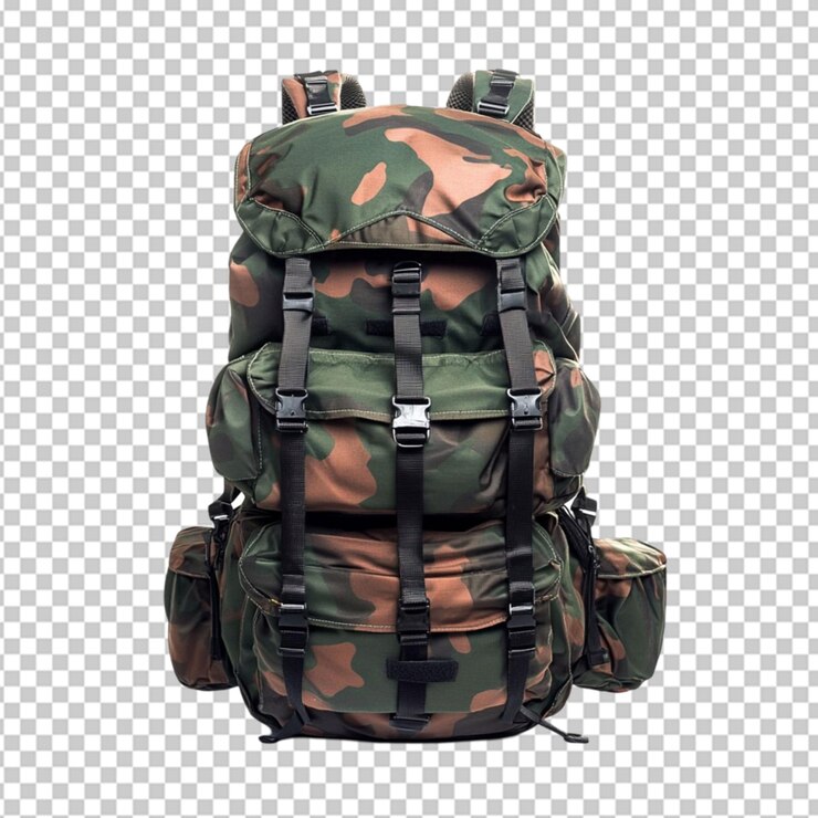 PSD mochila de camuflaje grande con varios compartimentos sobre un fondo transparente