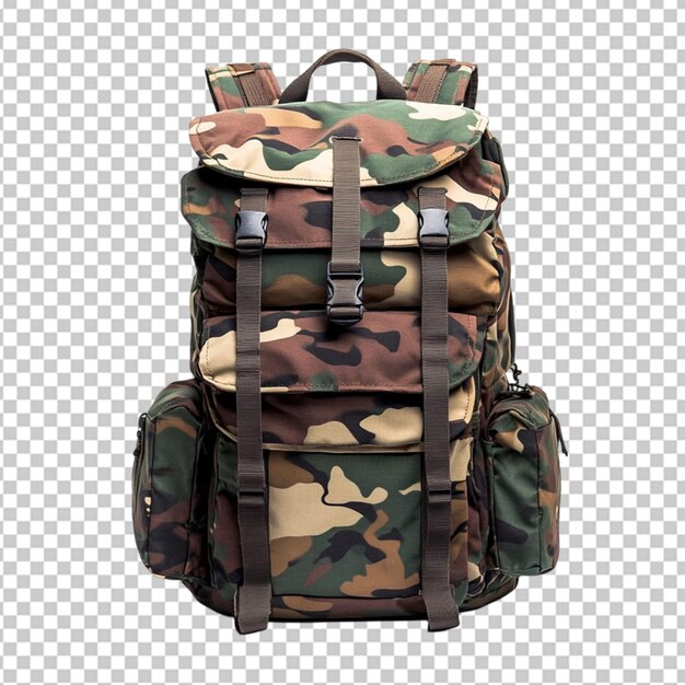 mochila de camuflaje grande con varios compartimentos sobre un fondo transparente