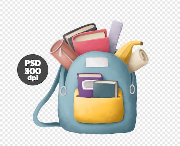 PSD mochila com ilustração de livros e cadernos