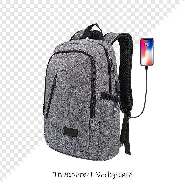 PSD una mochila con una correa roja que dice transparente en él